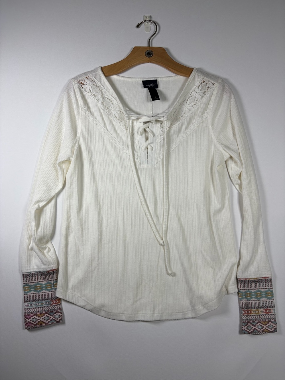 Daytrip Ivory Lace-Up Peasant Top with Embroidered Cuffs